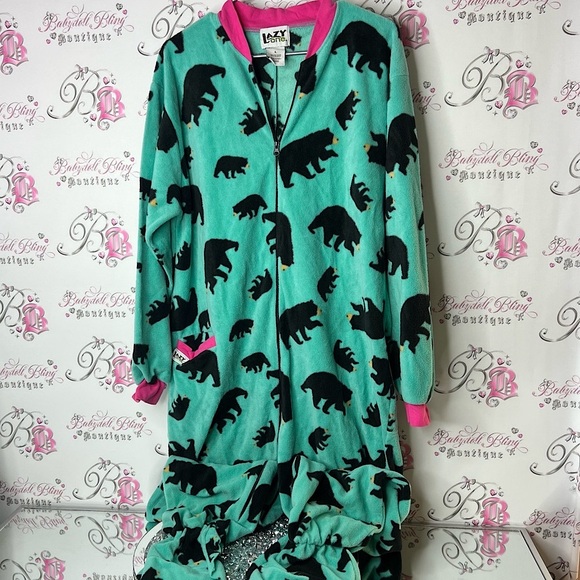 Lazy One Other - Lazy One onsie Teal and Black Bear Pajama one piece jumper pants zip down & flap